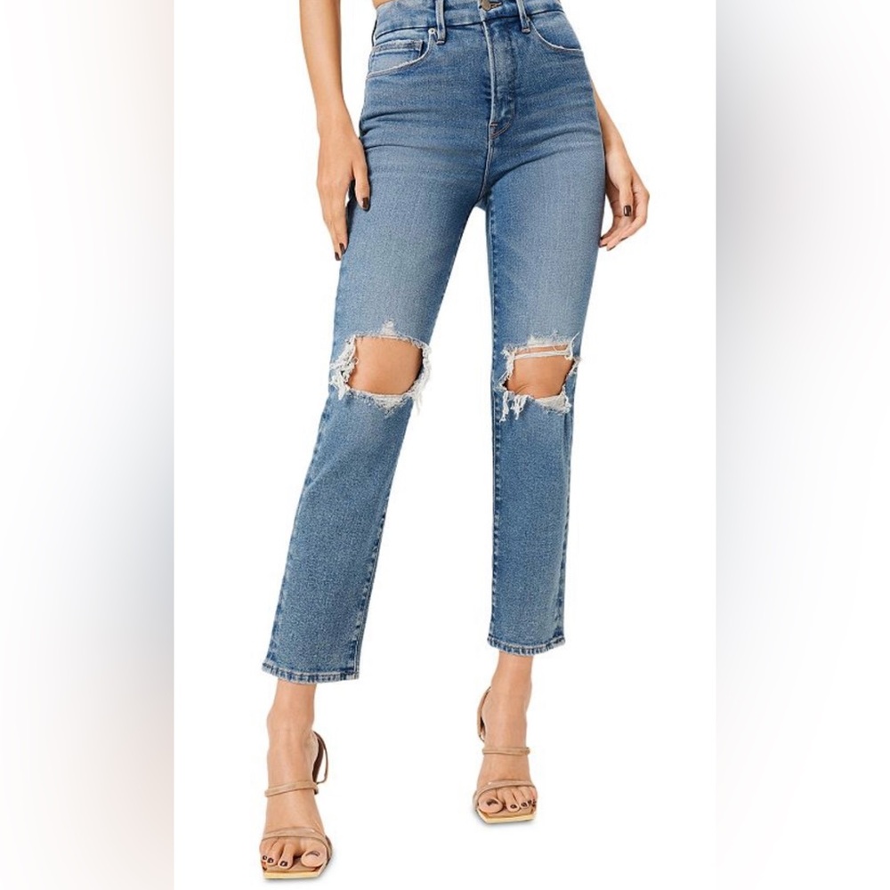 Good American Good Vintage Medium Wash Distressed Denim Jeans Size 12 GVL67T